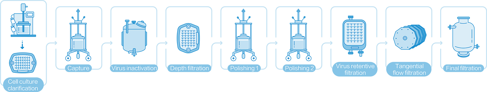 Downstream process development workflow: harvest clarification, capture, viral inactivation, depth filtration, polish 1, polish 2, viral filtration, tangential flow filtration, final filtration